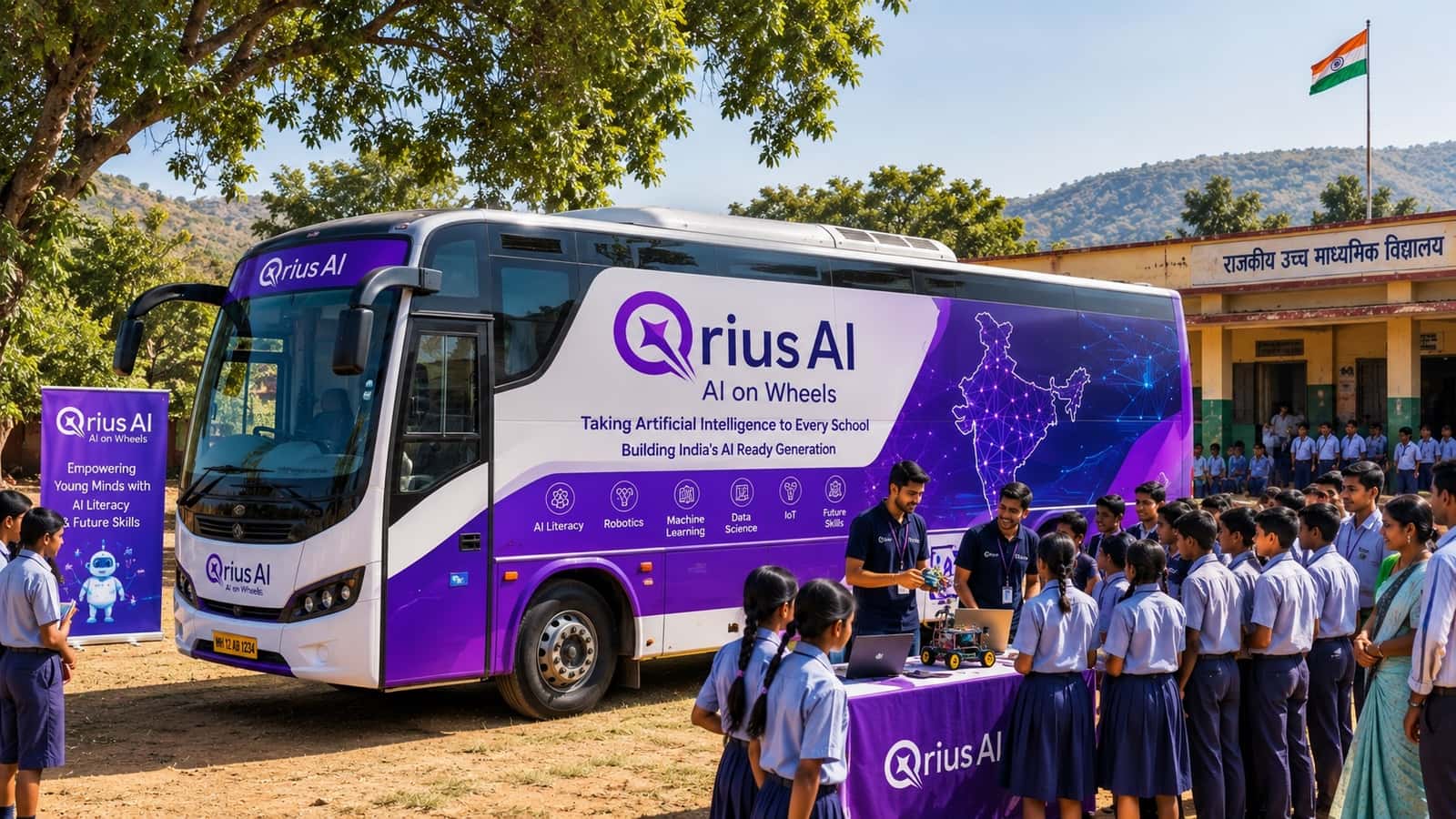 Illustrative concept render of the QriusAI on Wheels mobile AI lab van outside a school.