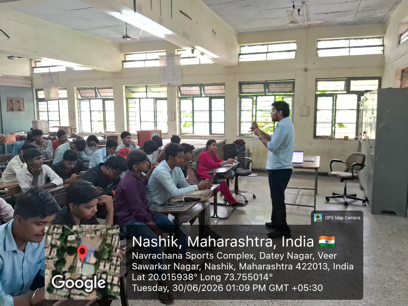 Students seated at desks listening to a facilitator during an AI literacy session at an ITI in Nashik, Maharashtra.