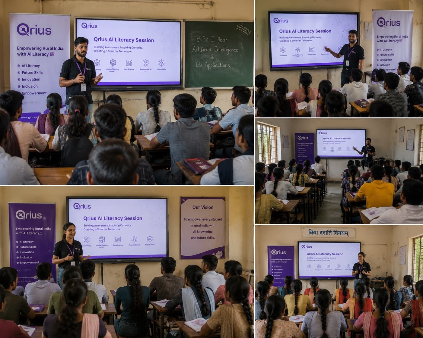 A collage of four classroom photos showing QriusAI facilitators leading an 'AI Literacy Session' presentation to seated audiences, with QriusAI branding and rural AI-literacy messaging displayed throughout.