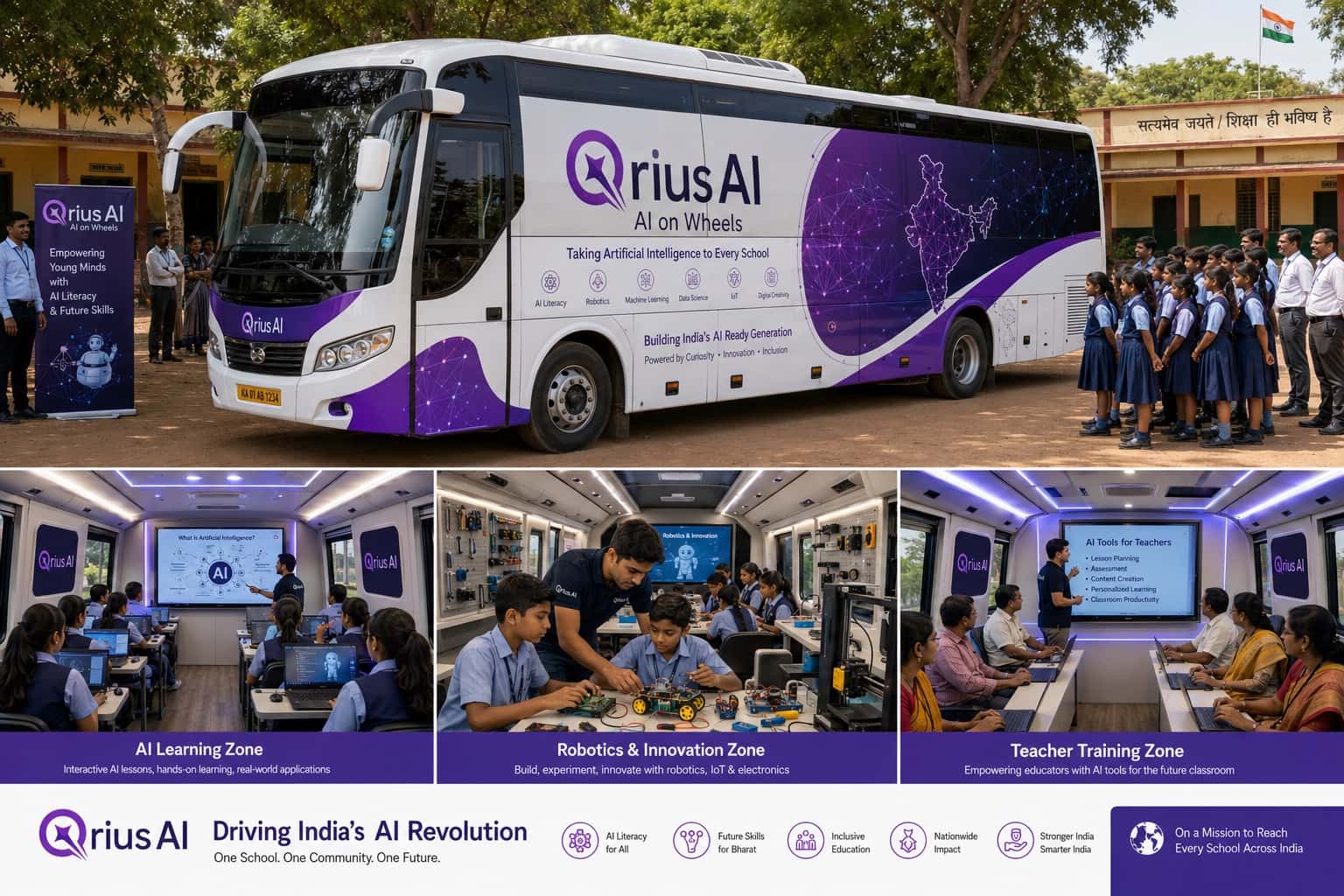Illustrative concept render of the interior of a mobile AI lab van, fitted with workstations and screens.